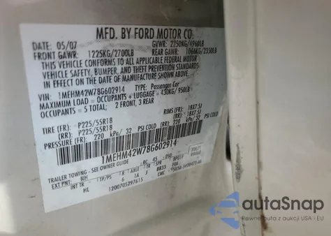 2008 Mercury Sable Premier from USA, damaged, VIN 1MEHM42W78G602914